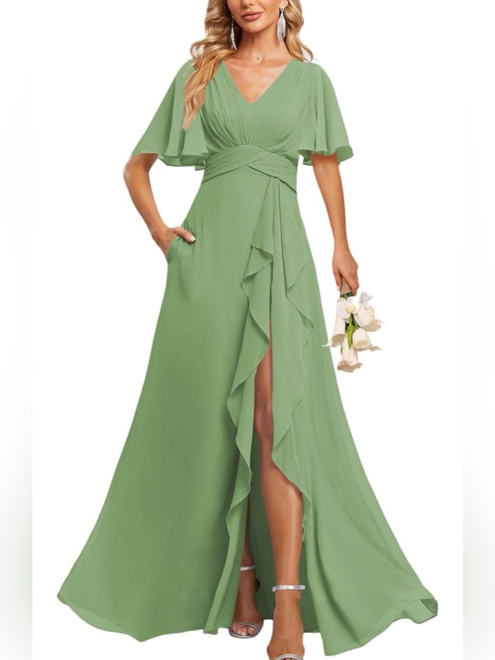 Elegant Sage Green V-Neck Ruffle Maxi Dress Bridesmaid Flutter with Pockets